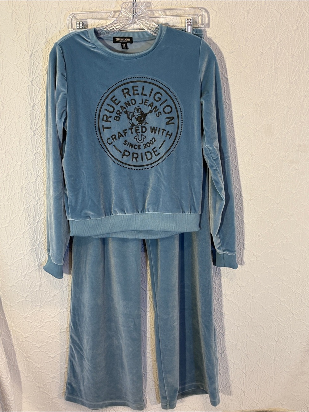 True Religion Light Blue Velour Track Suit / Pajama Set with Logo Super Soft